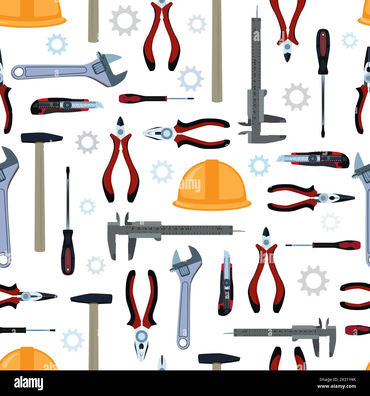 Work tools vector seamless pattern. Hammer, hard hat, pliers, wrench, screwdrivers, cutter knife and vernier caliper. Electrician, repairman, construc Stock Vector