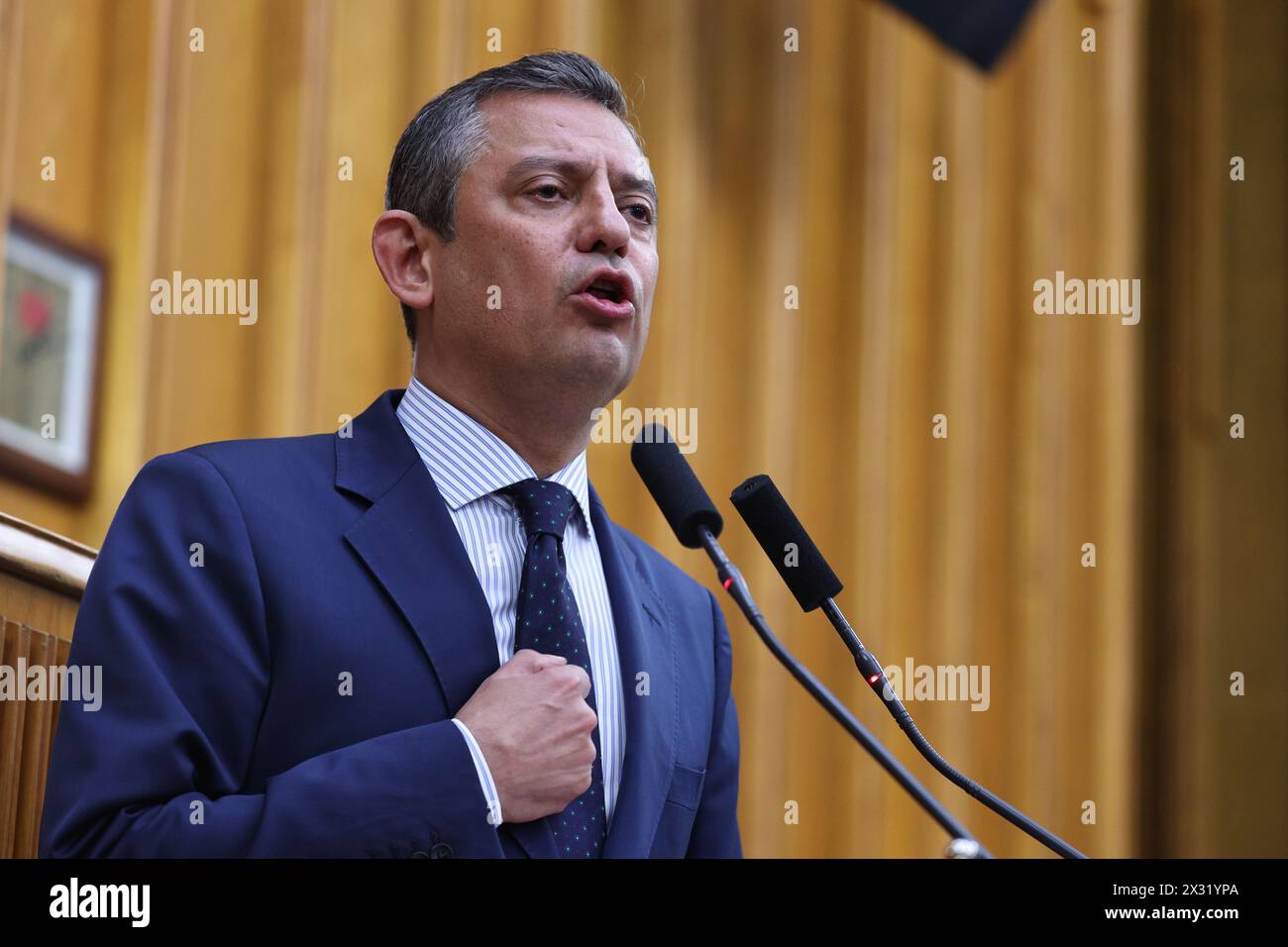 Ankara, Turkey. 24th Apr, 2024.Leader of the Republican People's Party (CHP), Özgür Özel, speaks at his party's group meeting at the Turkish Grand National Assembly in Ankara, Turkey, on April 24, 2024. Photo by Serdar Ozsoy Stock Photo