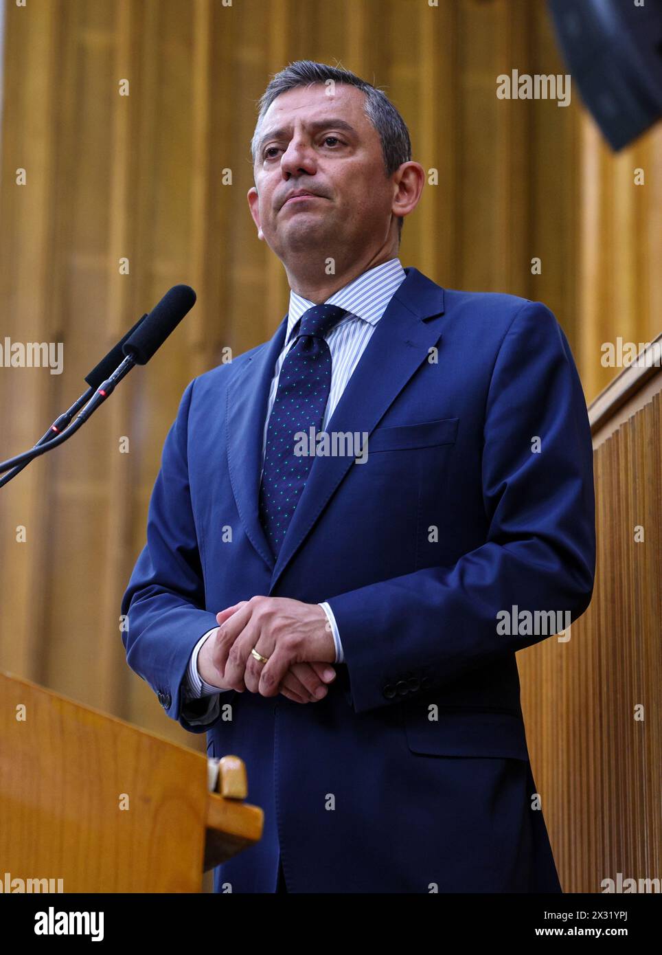 Ankara, Turkey. 24th Apr, 2024.Leader of the Republican People's Party (CHP), Özgür Özel, speaks at his party's group meeting at the Turkish Grand National Assembly in Ankara, Turkey, on April 24, 2024. Photo by Serdar Ozsoy Stock Photo