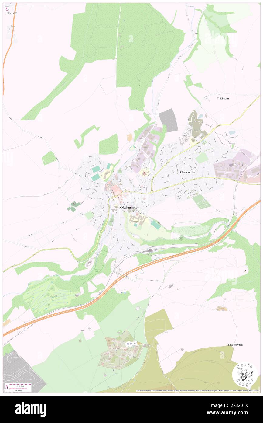 Okehampton, Devon, GB, United Kingdom, England, N 50 44' 19'', S 3 59' 59'', map, Cartascapes Map published in 2024. Explore Cartascapes, a map revealing Earth's diverse landscapes, cultures, and ecosystems. Journey through time and space, discovering the interconnectedness of our planet's past, present, and future. Stock Photo