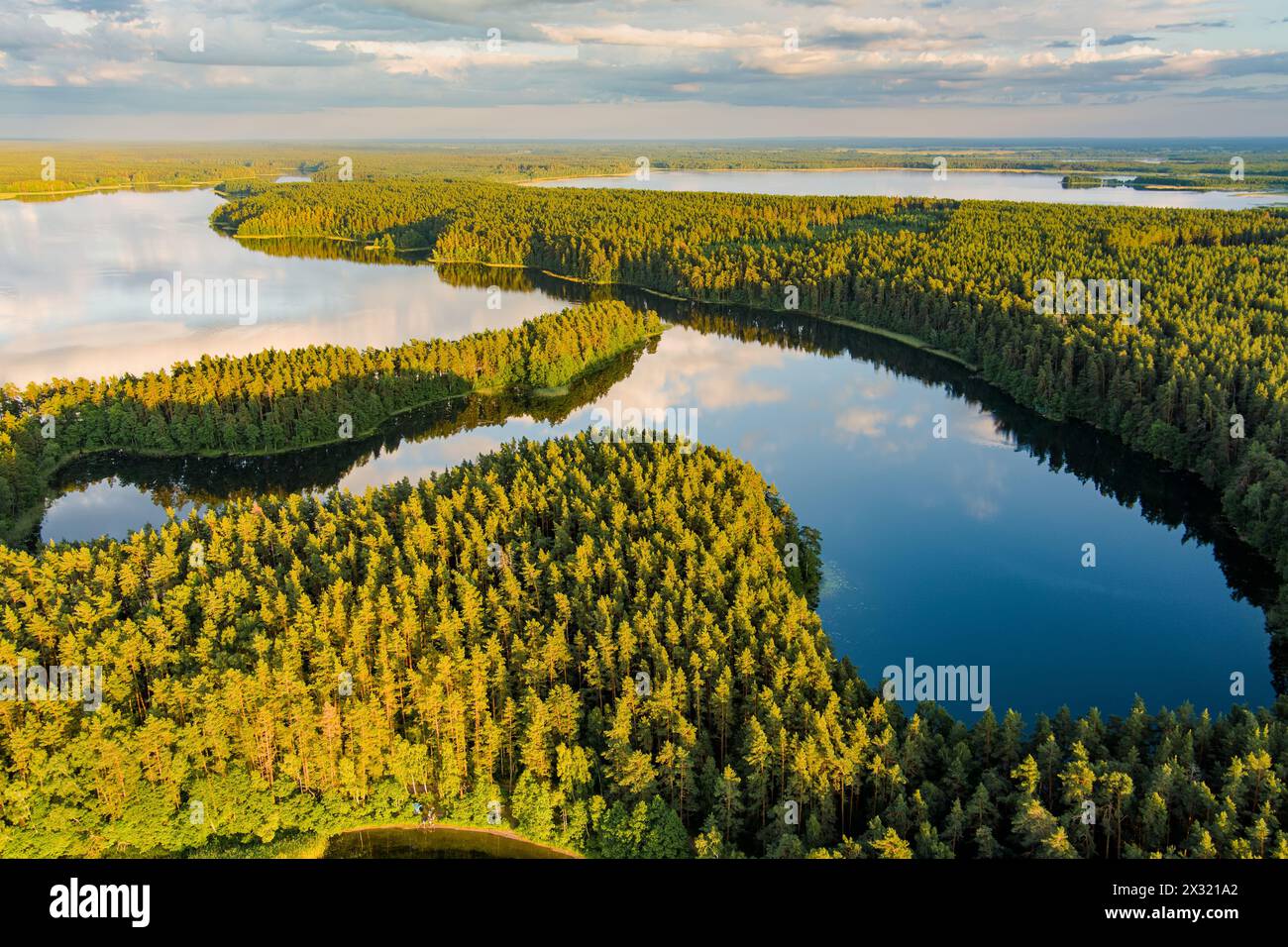 Scenic aerial view of Sciuro Ragas peninsula, separating White Lakajai and Black Lakajai lakes. Picturesque landscape of lakes and forests of Labanora Stock Photo