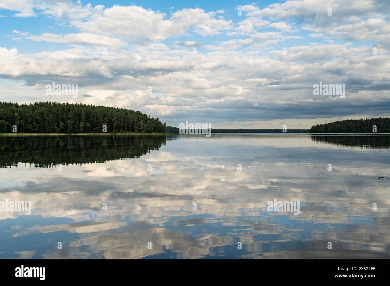 Scenic view of Sciuro Ragas peninsula, separating White Lakajai and Black Lakajai lakes. Picturesque landscape of lakes and forests of Labanoras Regio Stock Photo