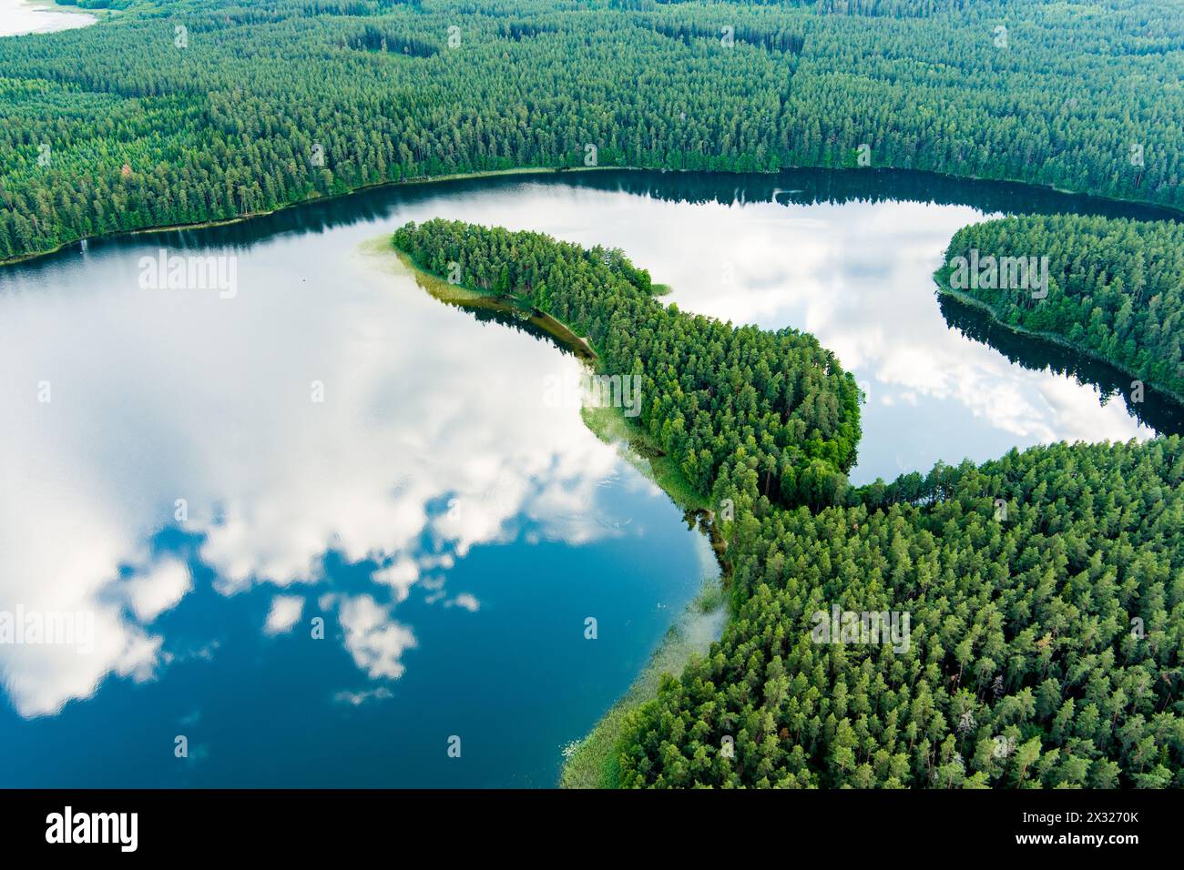 Scenic aerial view of Sciuro Ragas peninsula, separating White Lakajai and Black Lakajai lakes. Picturesque landscape of lakes and forests of Labanora Stock Photo