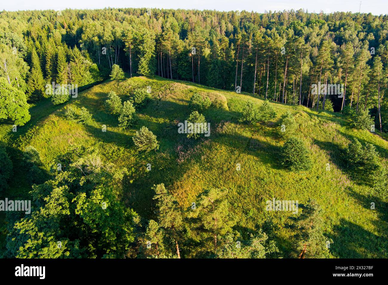Scenic aerial view of Stirniai mound surrounded with green trees, located in Neris Regional Park near Vilnius, on sunny summer day. Landmarks and dest Stock Photo