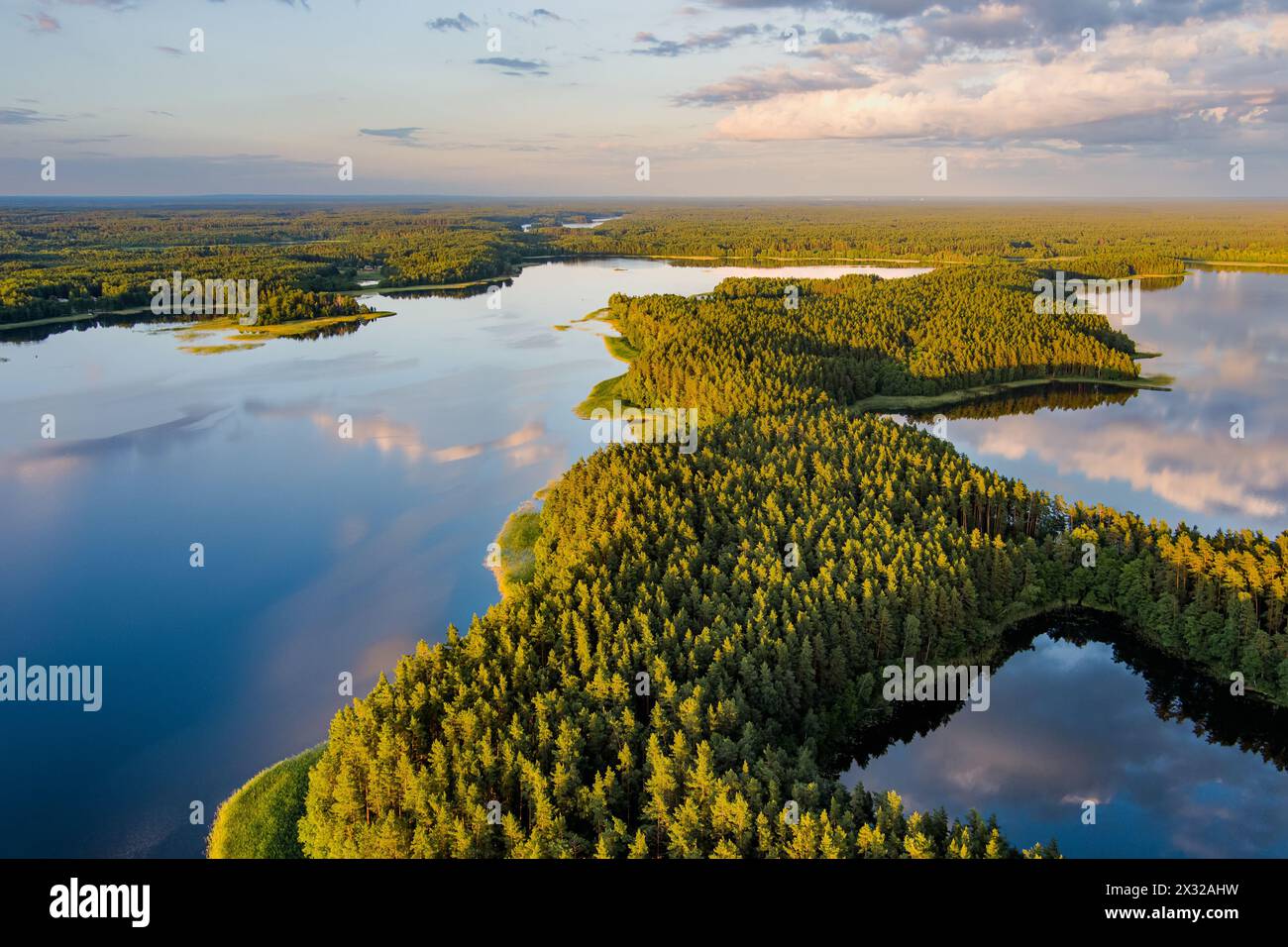 Scenic aerial view of Sciuro Ragas peninsula, separating White Lakajai and Black Lakajai lakes. Picturesque landscape of lakes and forests of Labanora Stock Photo