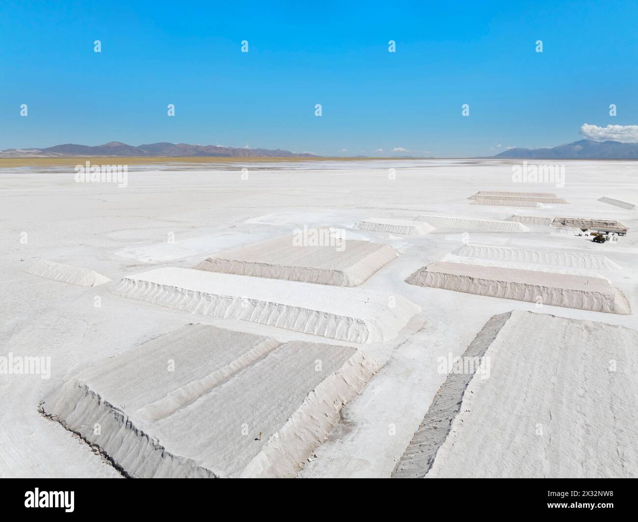 A plant for the salt extraction in the Salinas Grandes salt flat, Puna of Salta and Jujuy, Argentina. Stock Photo