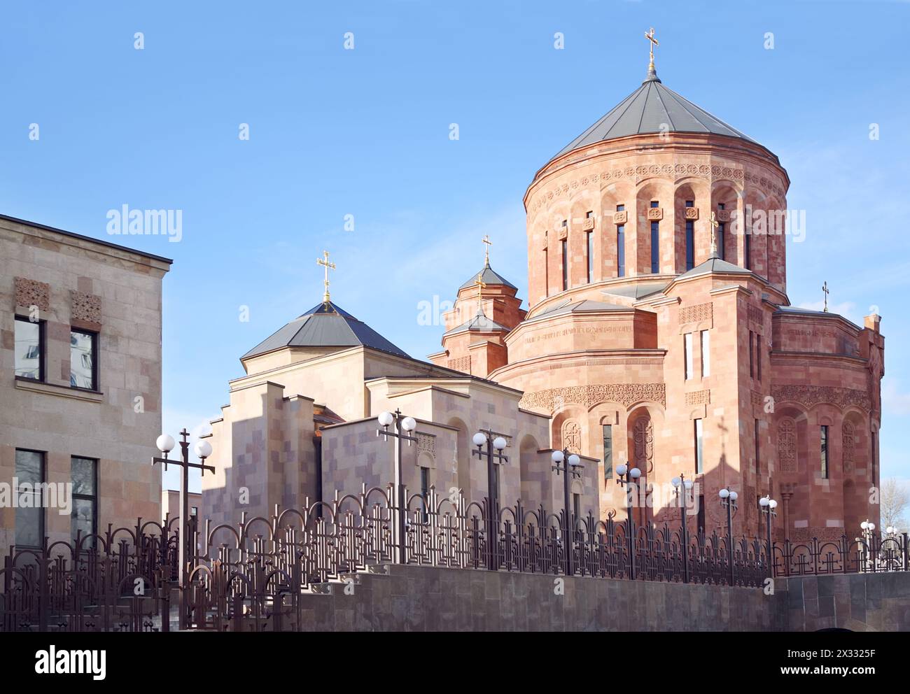 Cathedral Armenian church Surb Khach (Holy Cross) and stairs with lanterns in Moscow, Russia. Stock Photo