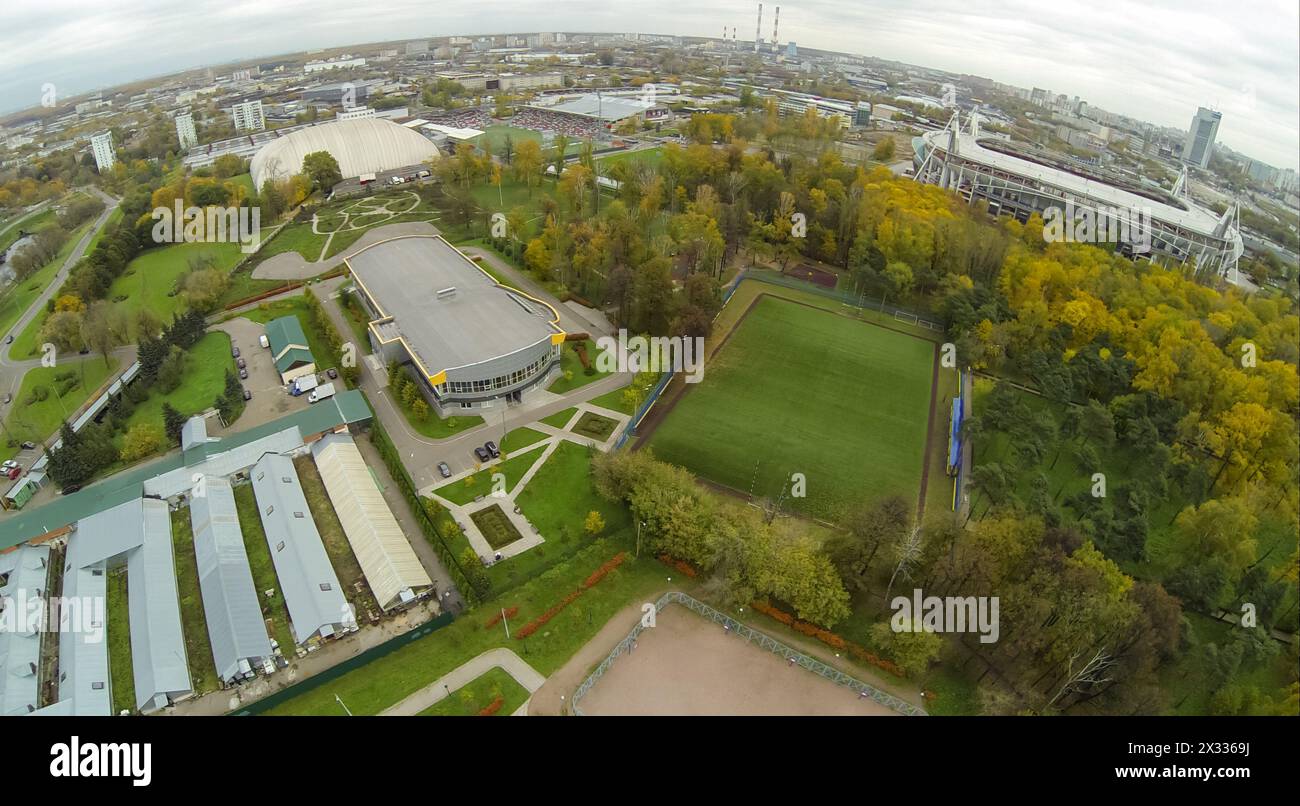 MOSCOW - OCT 09: View from unmanned quadrocopter on territory near the Locomotive Stadium with park and playground, on October 09, 2013 in Moscow, Rus Stock Photo