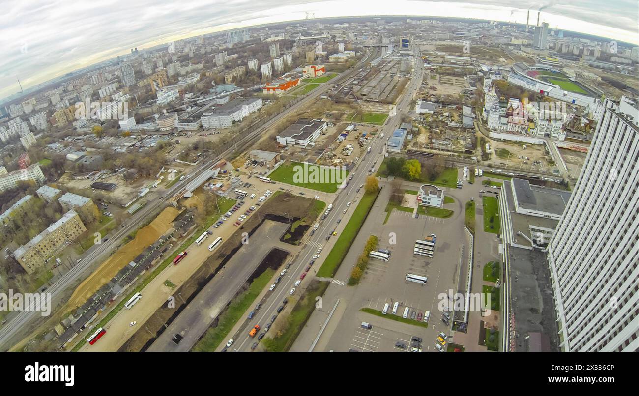 City district with housing complex, roads and hotels, view from ...