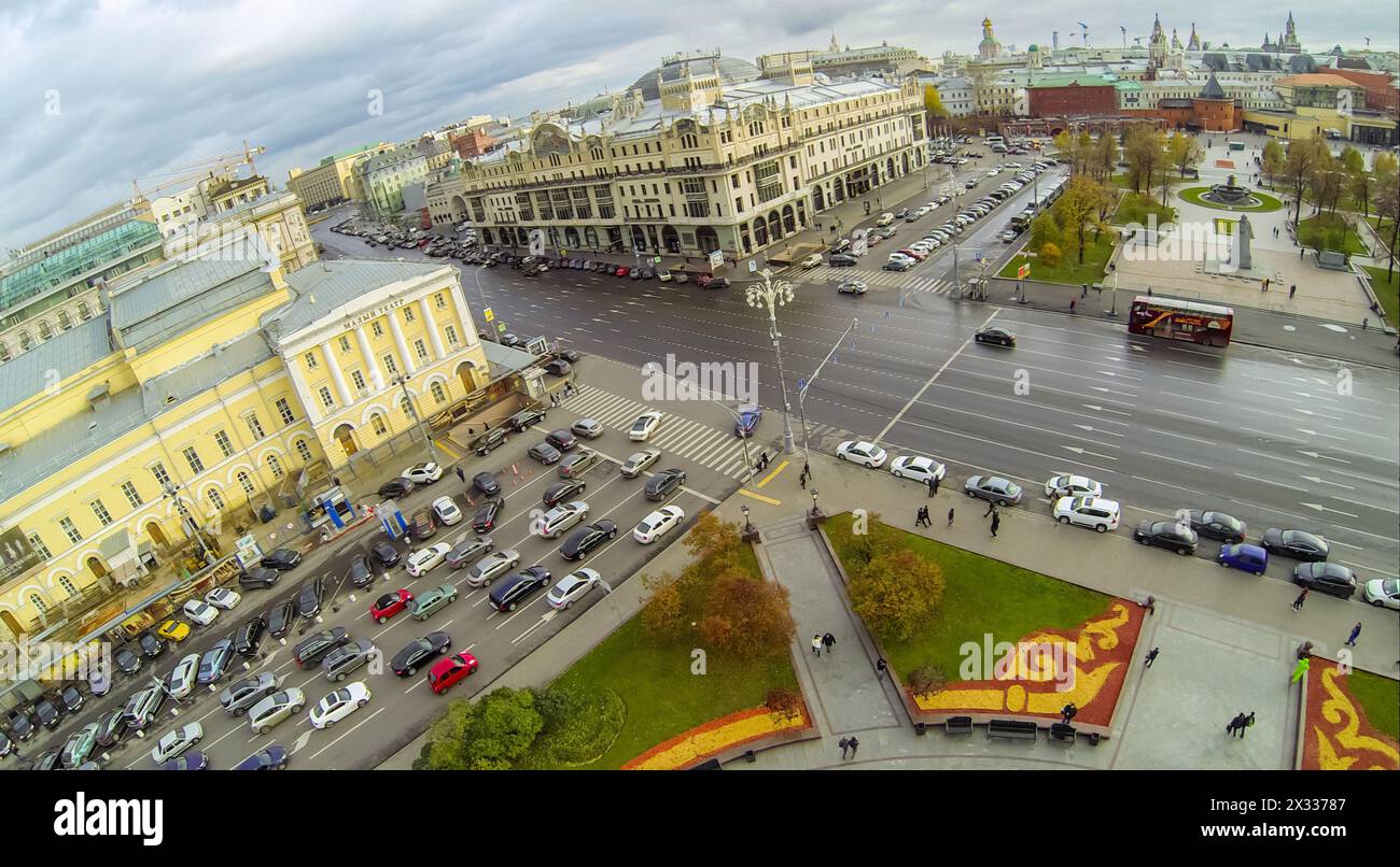 MOSCOW - OCT 20: View from unmanned quadrocopter to city panorama with Metropol Hotel  and Garden at Theater Square on October 20, 2013 in Moscow, Rus Stock Photo