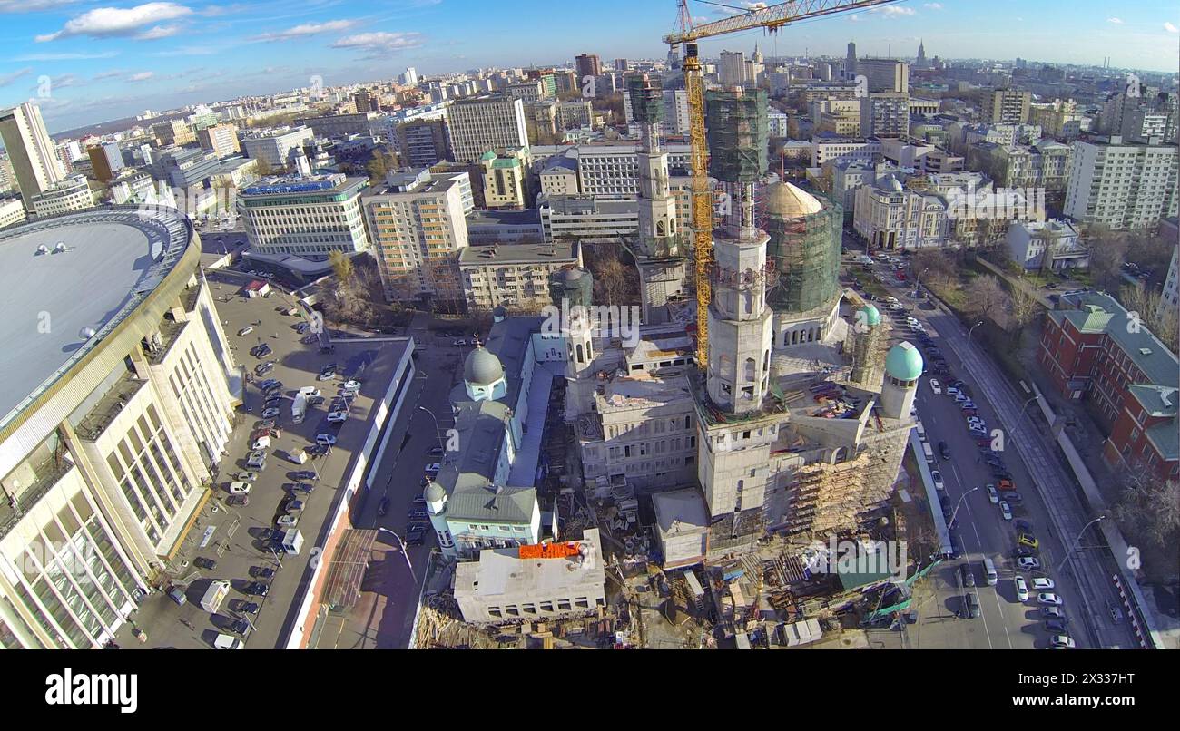 MOSCOW, RUSSIA - OCT 30, 2013: (view from unmanned quadrocopter) Construction of Moscow Cathedral Mosque near Olympiysky Sports Complex. Stock Photo
