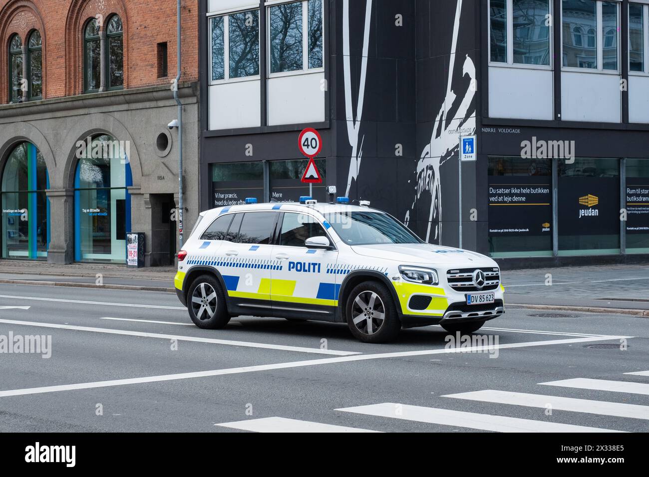 Copenhagen, Denmark - April 5, 2024: Denmark police car on a city street. Stock Photo