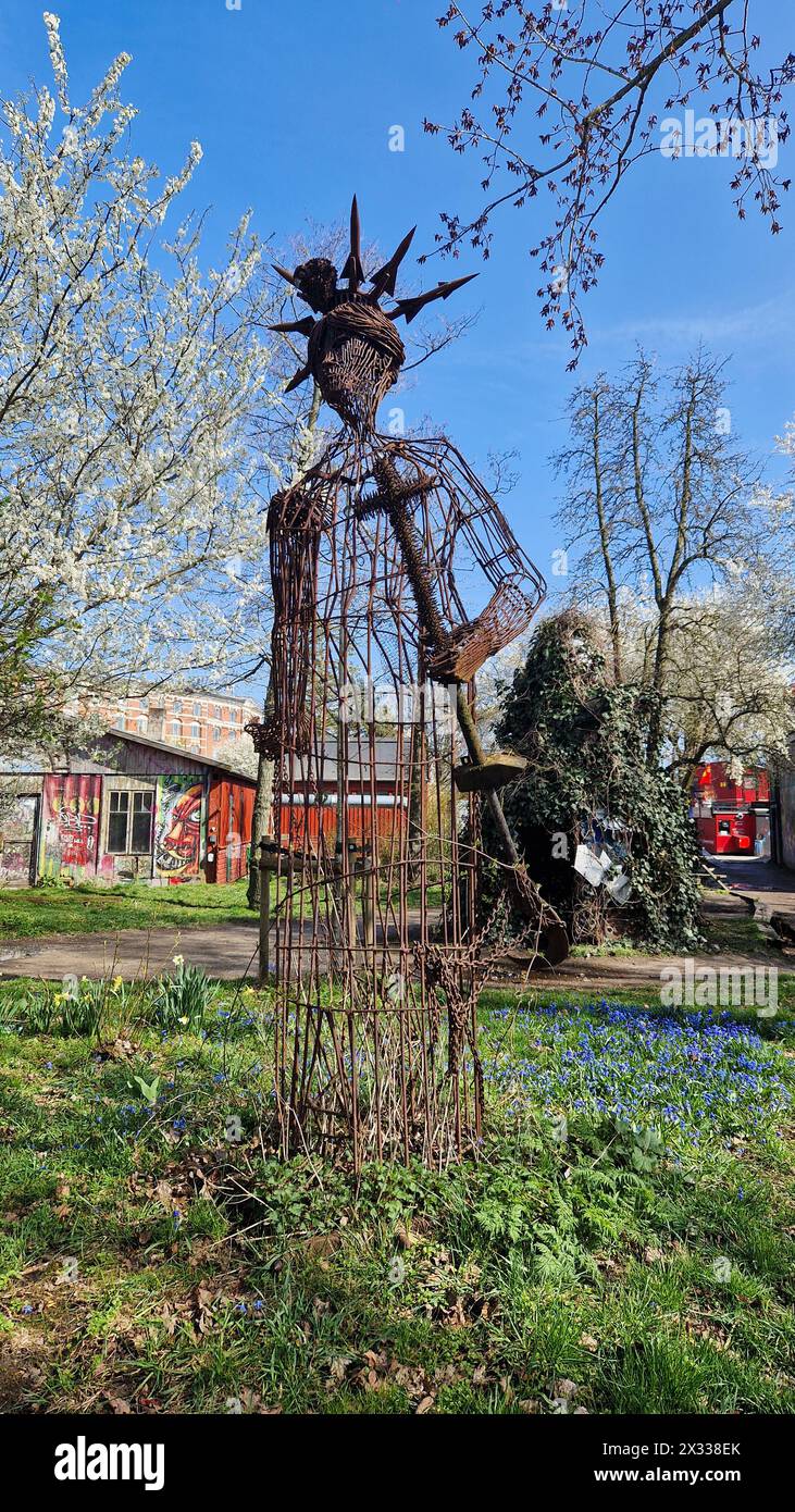 Copenhagen, Denmark - April 6, 2024: Wire sculpture of Lady Liberty in Freetown Christiania area. Stock Photo