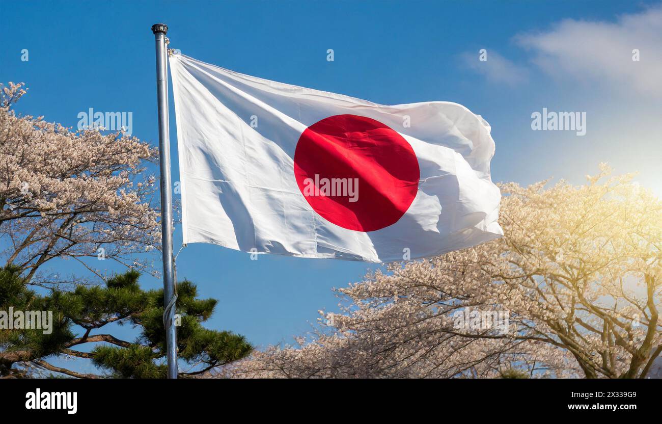 Fahne, die Nationalfahne von Japan flattert im Wind Stock Photo
