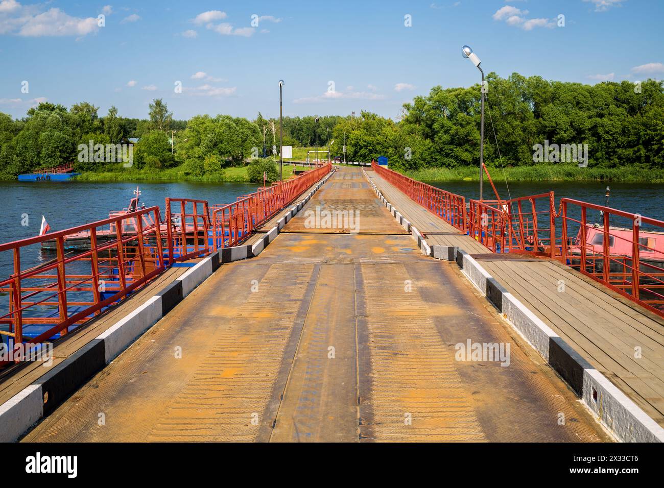 floating bridge on the Moskva river on sunny day Stock Photo