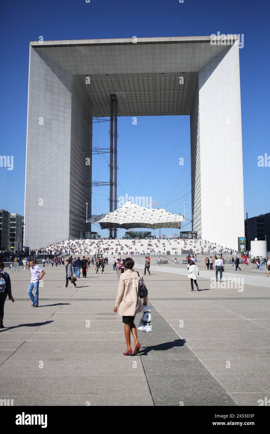 PARIS, FRANCE - SEP 12, 2014: Grande Arch Brotherhood. It is a major tourist attraction and a symbol of La Defense Stock Photo