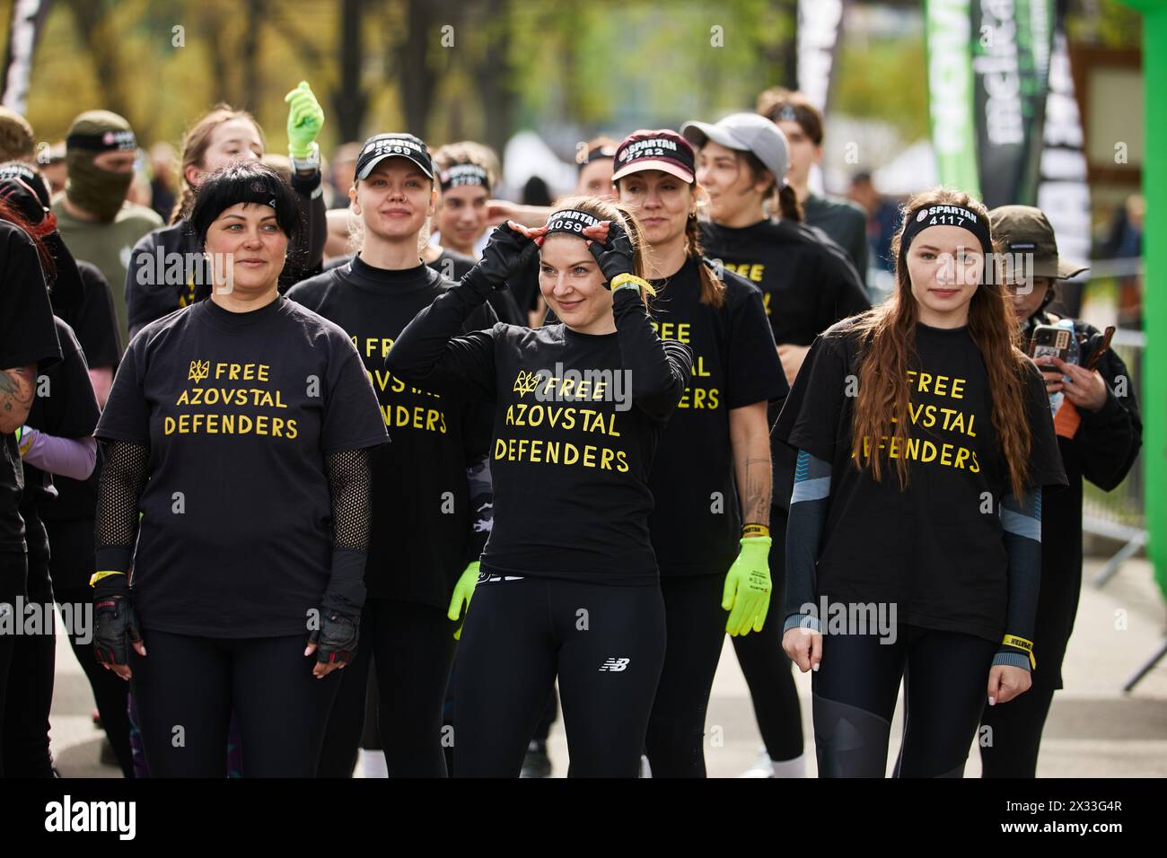 Group of cheerful Ukrainian runners at the Spartan Race event. Kyiv