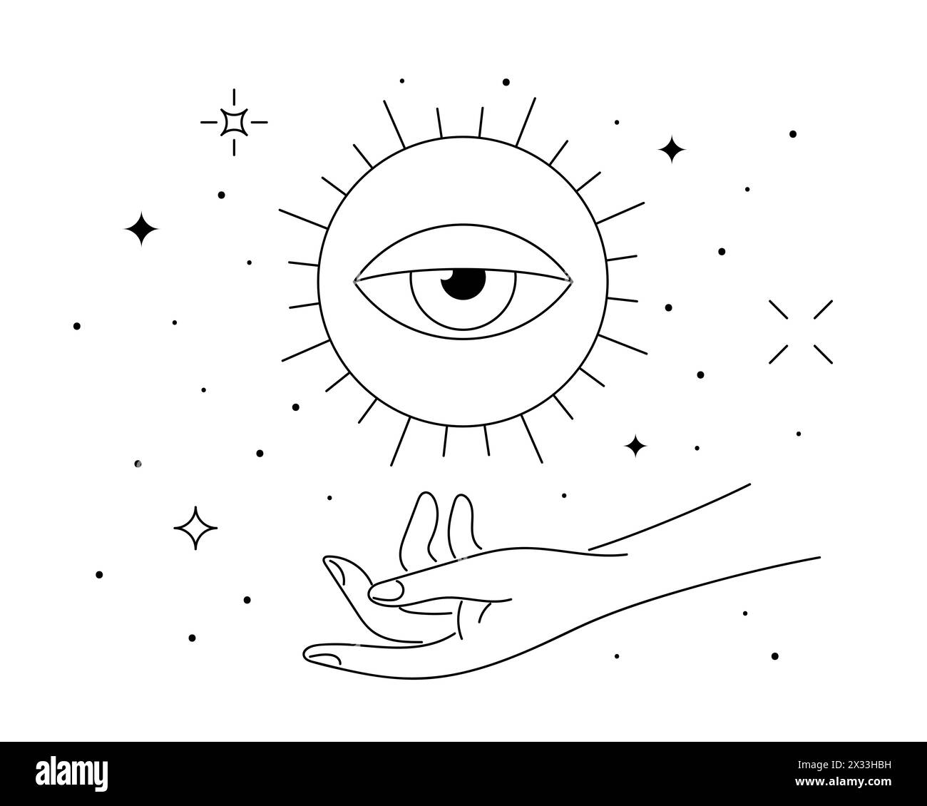 Mystic celestial eye in summer solstice sign levitate over woman hand. Spirituality equinox holiday linear symbol. Esoteric tattoo or logo outline sketch. Boho summertime style vector eps logotype Stock Vector