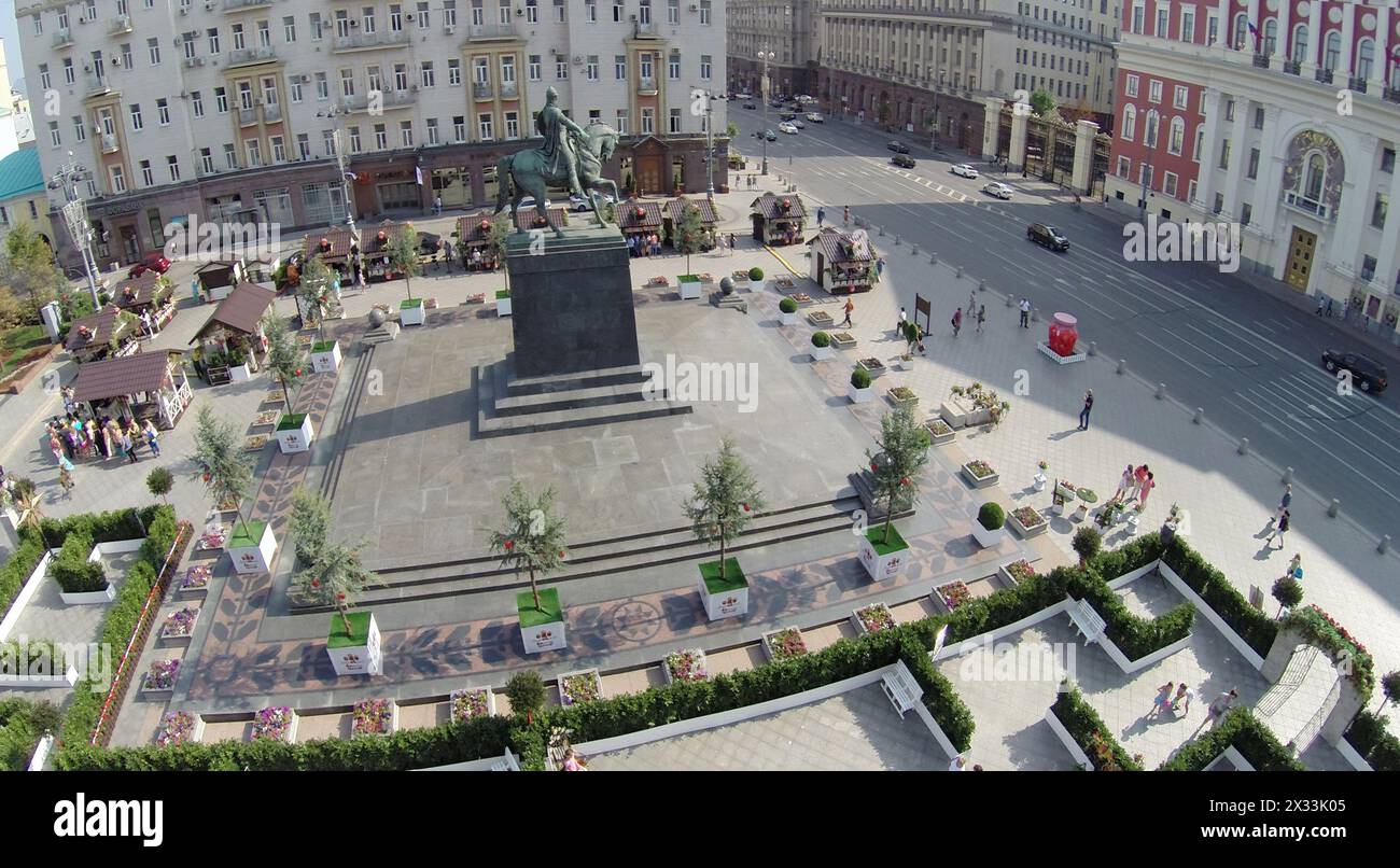 MOSCOW - AUG 12, 2014: Monument to Yuri Dolgoruky and Happy labyrinth of Moscow festival jam on Tverskaya Square, aerial view Stock Photo