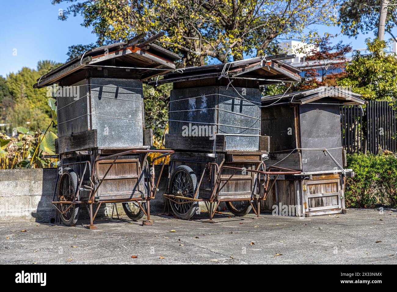 Row of empty street food carts with wheels in Ueno, Tokyo Stock Photo