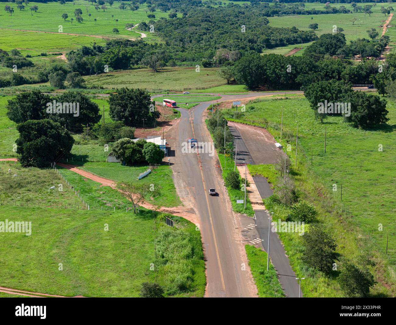 Cassilandia, Mato Grosso do Sul, Brazil - 04 16 2024: Aerial image of a border control police barrier after roundabout at state border Stock Photo