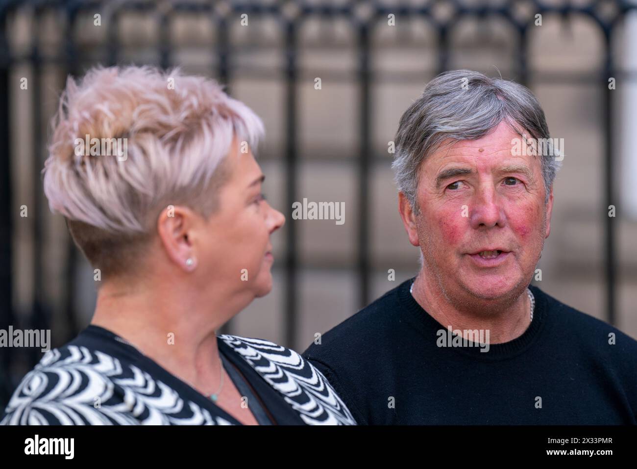 David Lorimer, husband of the late Caren Lorimer, with his niece Joanne Hughes, outside the Court of Session, at Parliament House in Edinburgh, following a posthumous appeal against former subpostmaster Caren Lorimer. Picture date: Wednesday April 24, 2024. Stock Photo