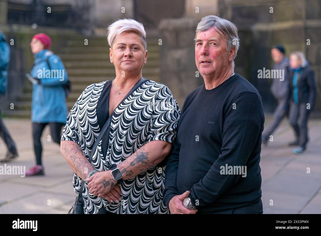 David Lorimer, husband of the late Caren Lorimer, with his niece Joanne Hughes, outside the Court of Session, at Parliament House in Edinburgh, following a posthumous appeal against former subpostmaster Caren Lorimer. Picture date: Wednesday April 24, 2024. Stock Photo