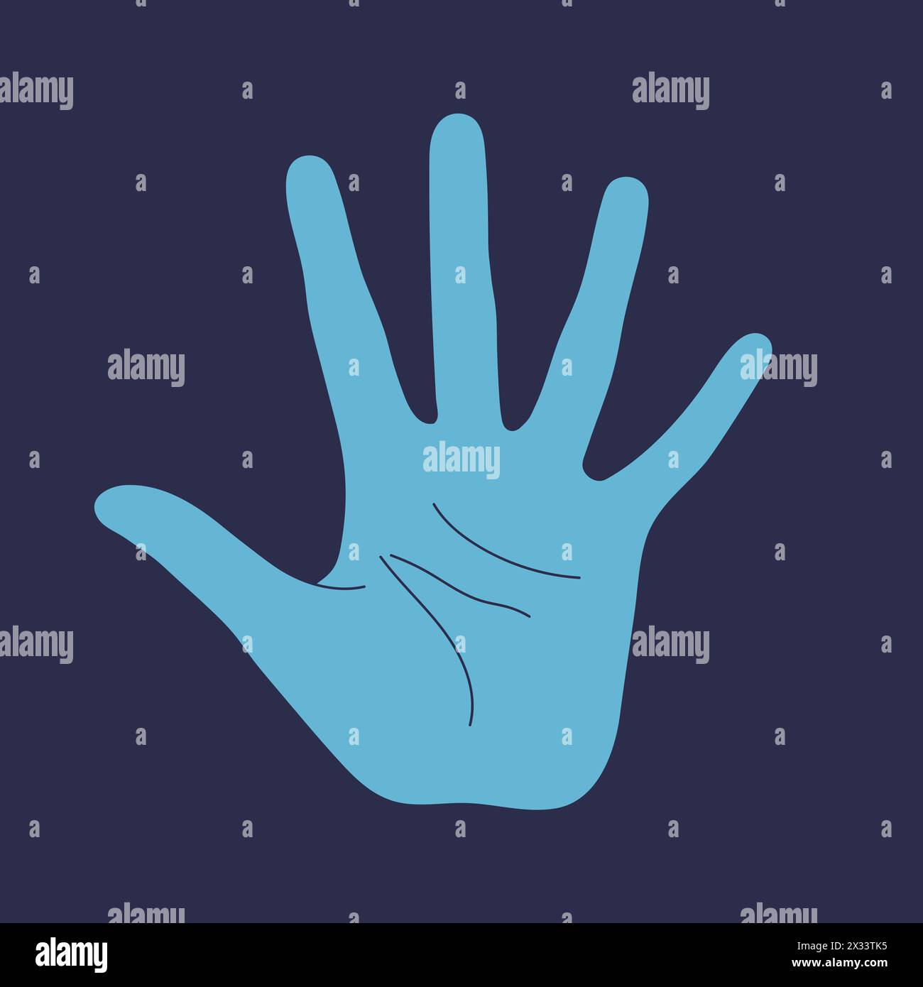 Raised human hand. Open palm of a hand on blue background. Salute gesture. Vector illustration Stock Vector