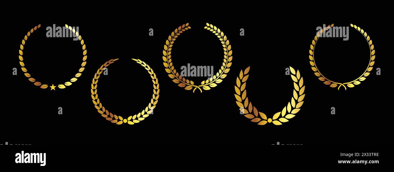 classic round decorative gold laurel wreath set element vector on black background Stock Vector