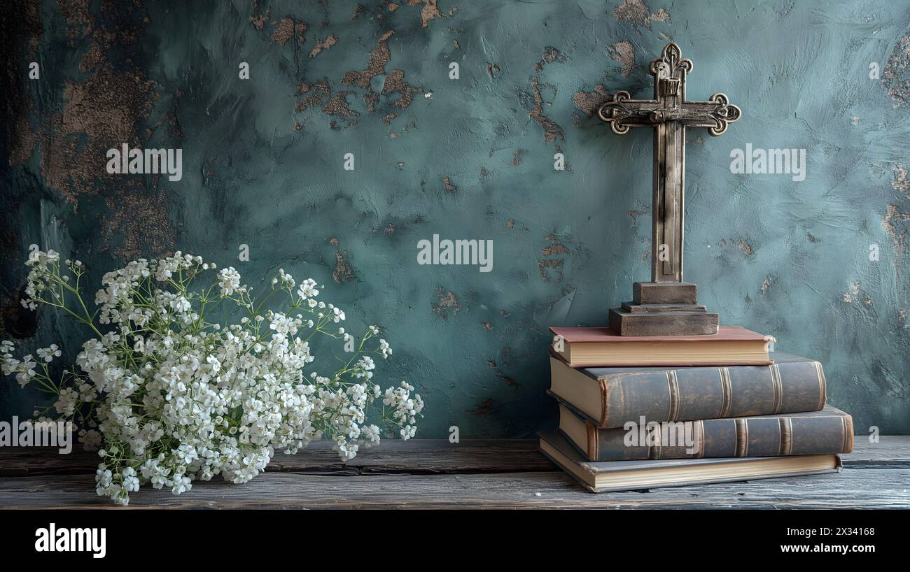 Cross and old books on vintage wooden table and little white flowers. Religious, wisdom, spirituality concept. Stock Photo