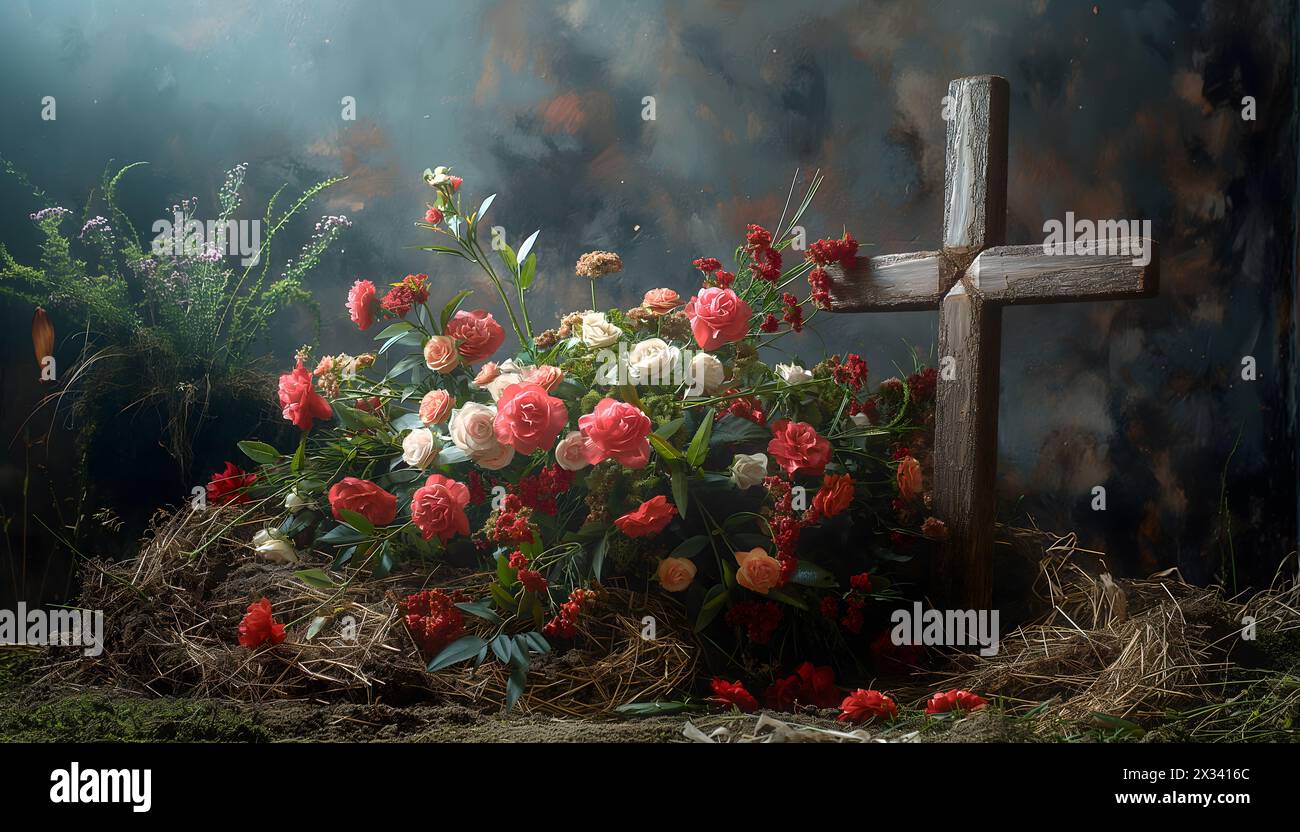 Wooden cross with roses and straw against vintage background. Christianity, religious, salvation concept. Stock Photo