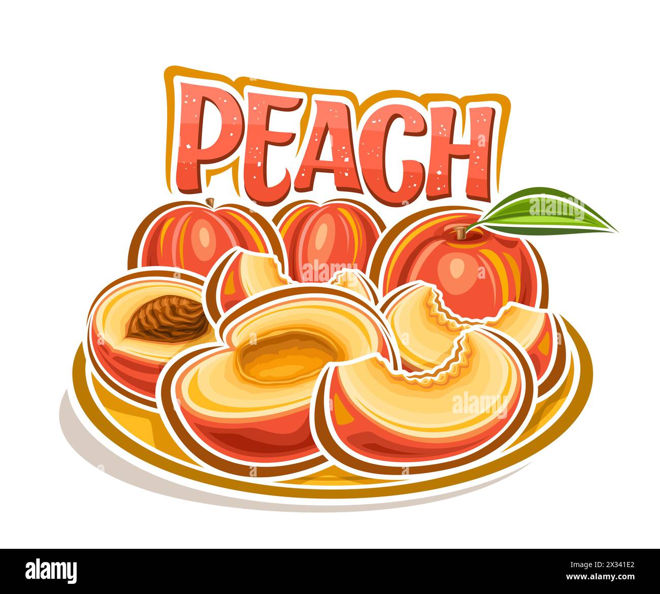 Vector logo for Peach, decorative horizontal poster with outline illustration of orange peaches composition with green leaf, cartoon design fruity pri Stock Vector