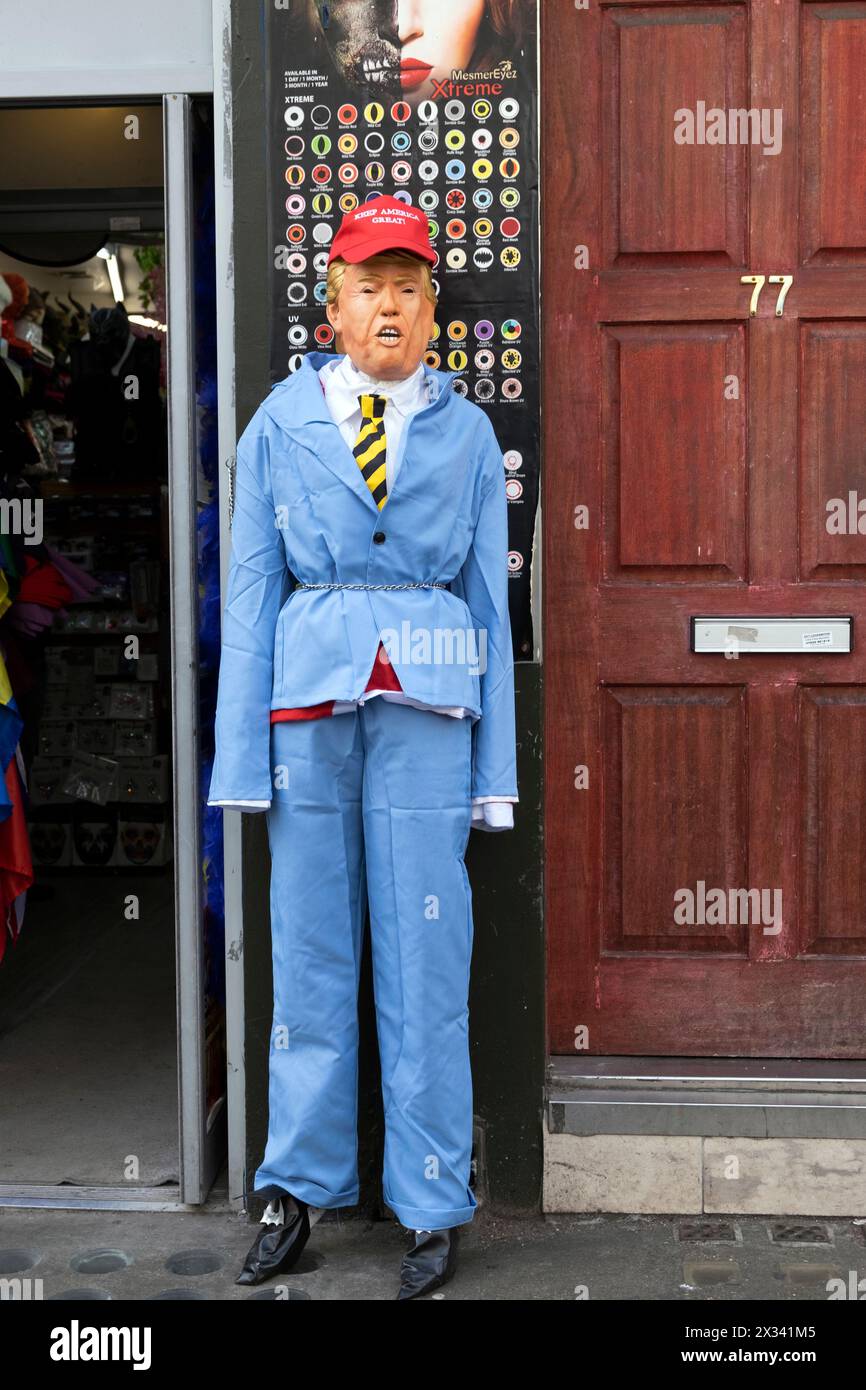 Donald Trump effigy mannikin mannequin outside costume mask joke shop store in Soho London England UK KATHY DEWITT Stock Photo