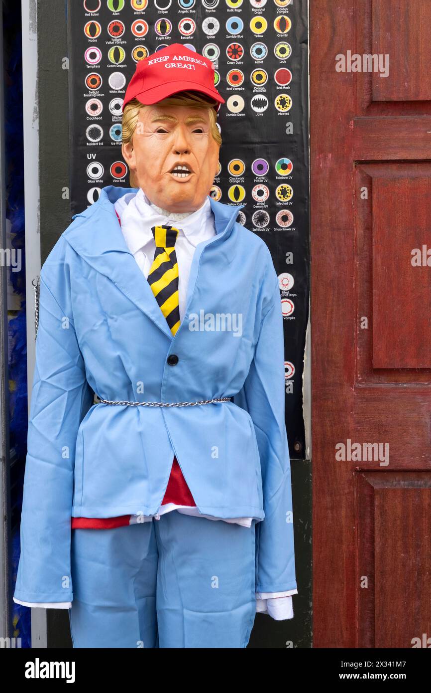 Donald Trump effigy mannikin mannequin portrait outside costume mask joke shop store in Soho London England UK KATHY DEWITT Stock Photo