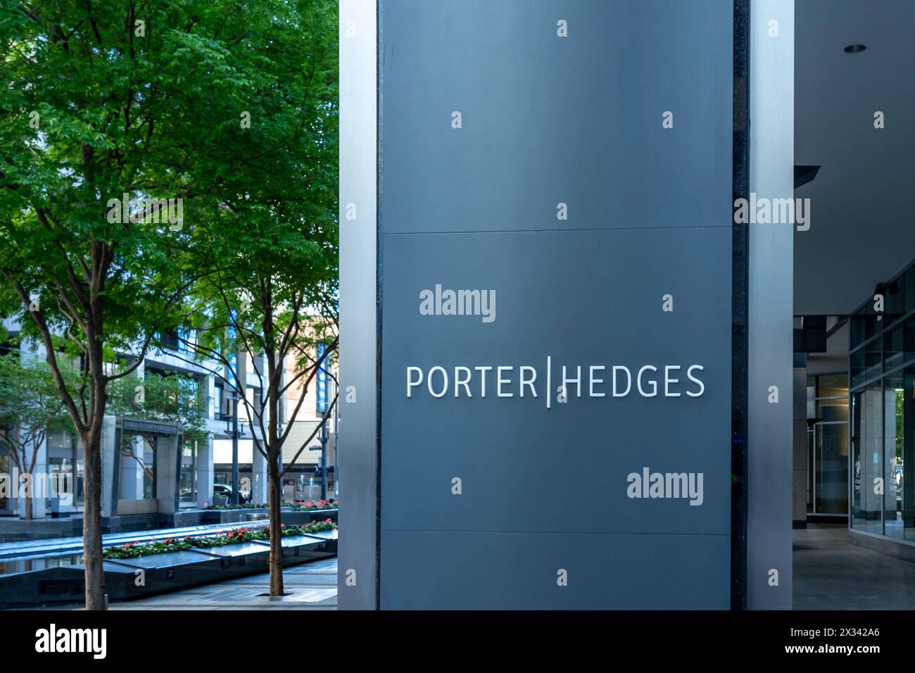 The sign outside Porter Hedges LLP Law firm office on Main St. in Houston, Texas, USA. Stock Photo