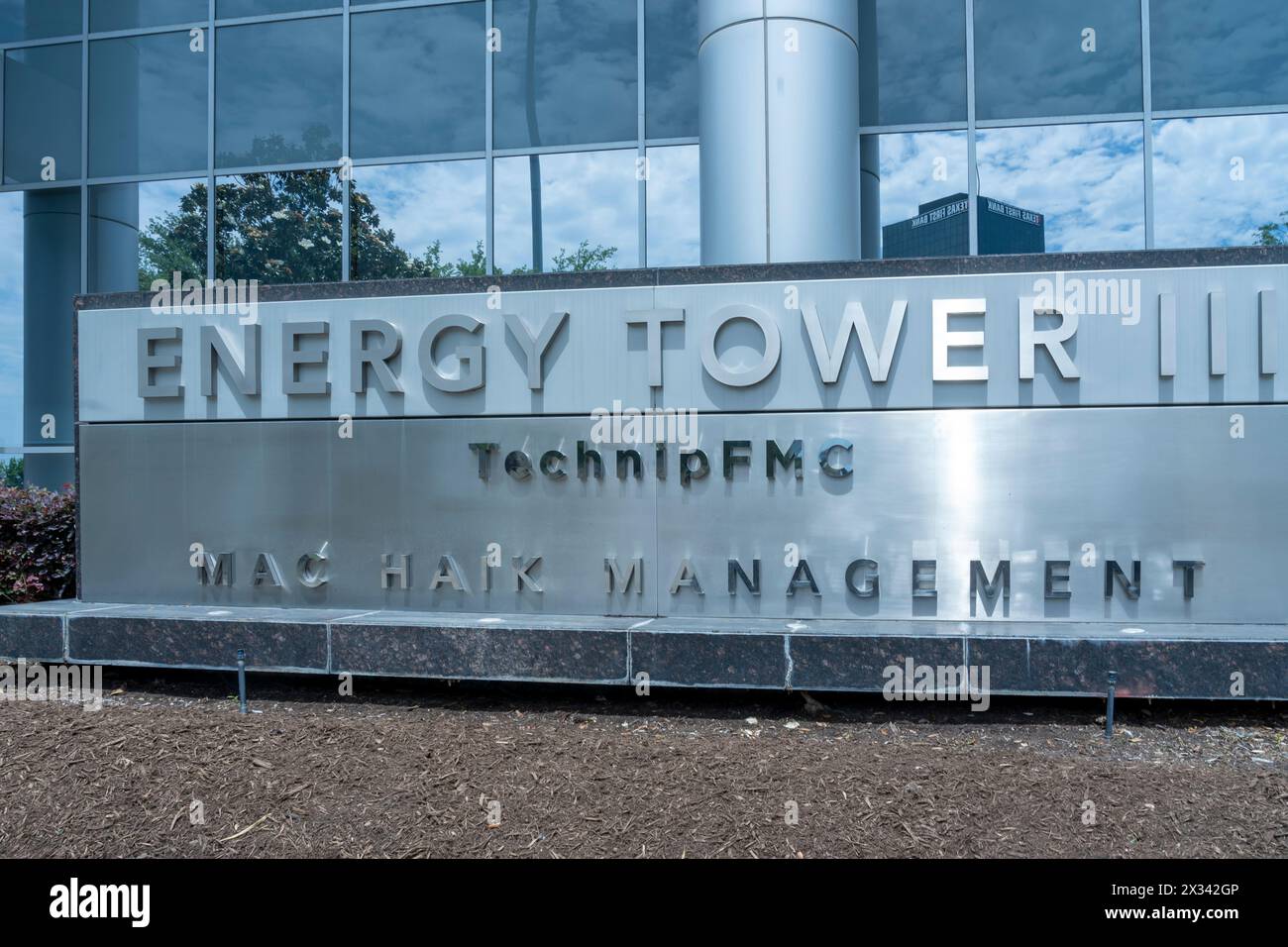 TechnipFMC ground sign outside their office in Houston, TX, USA. Stock Photo