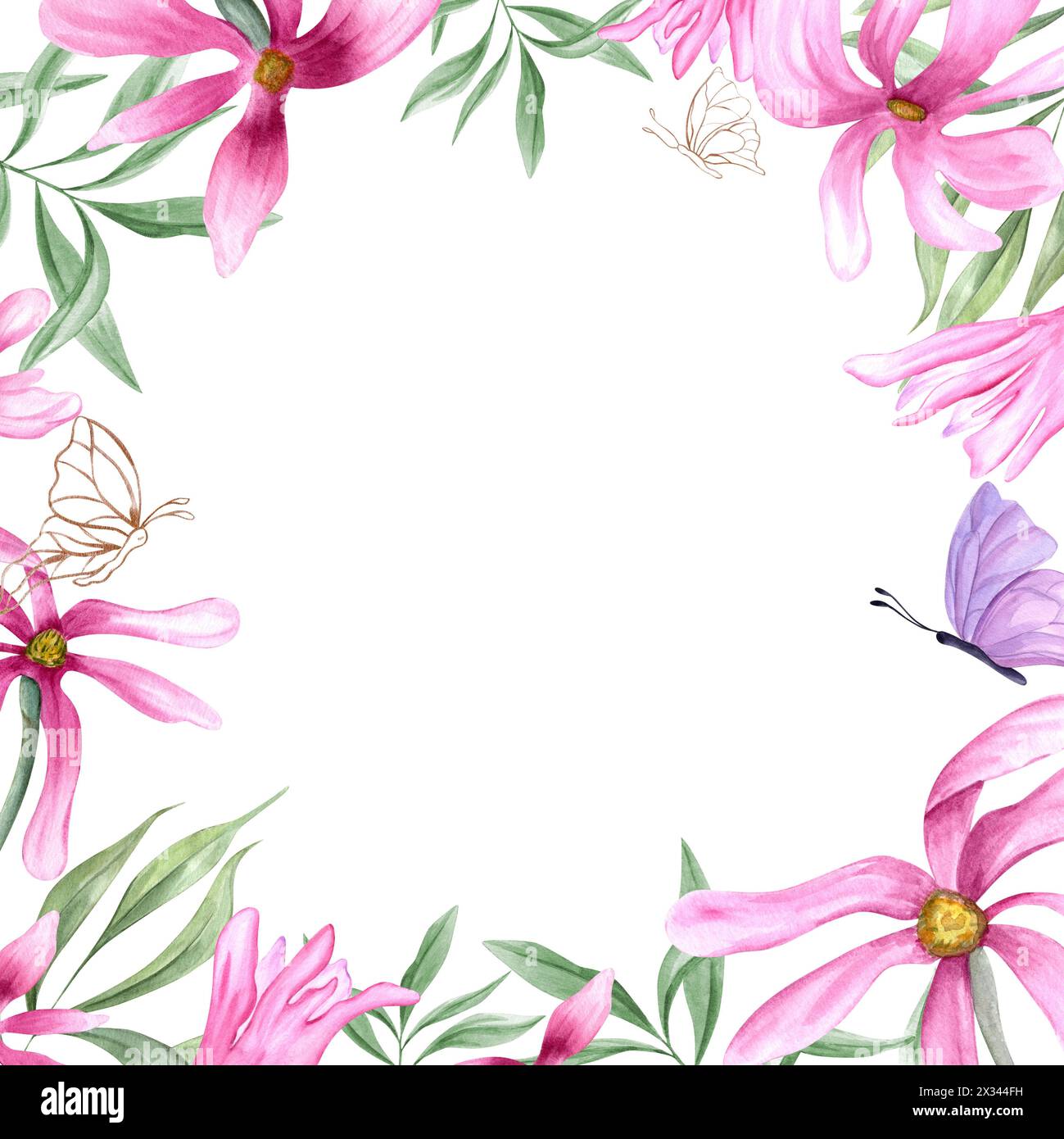 Spring Flowers Square Pink magnolia, green leaves and fluttering butterflies. Spring flowers ...