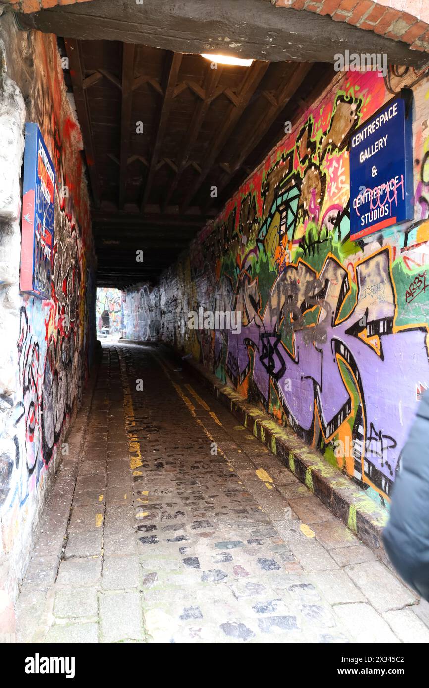 Bristol, England- March 30, 2024: Famous street called Leonard Lane full of graffiti's in Bristol city Stock Photo