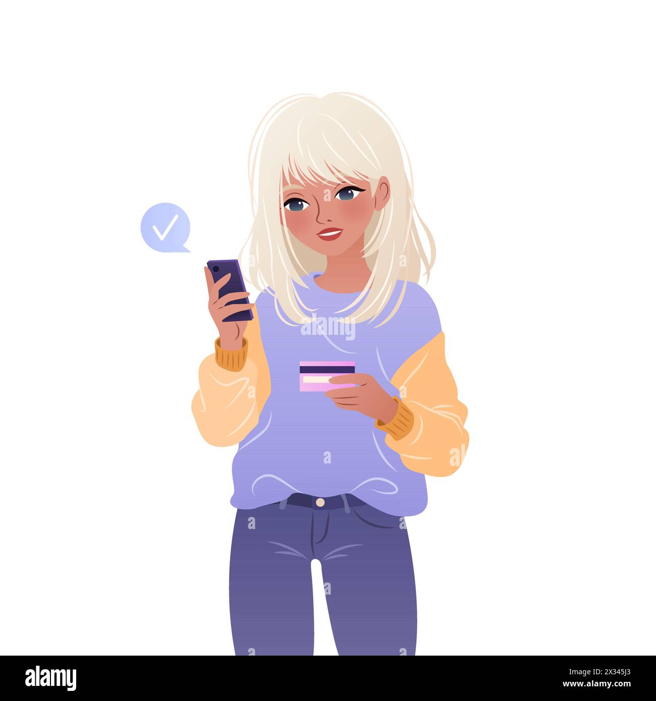 Young woman is standing and using her smartphone. Stock Vector