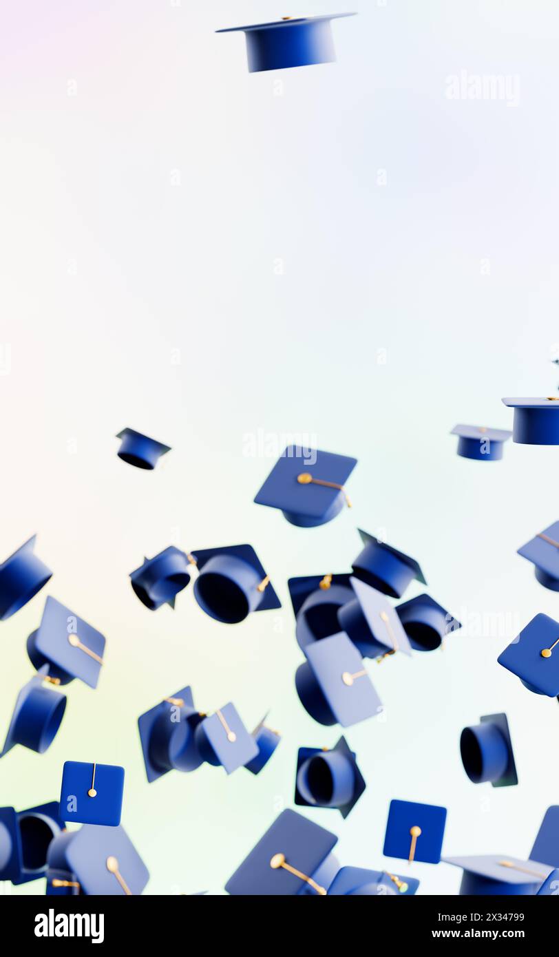 Graduation caps tossed.Many mortarboard hats.3d rendering Stock Photo ...