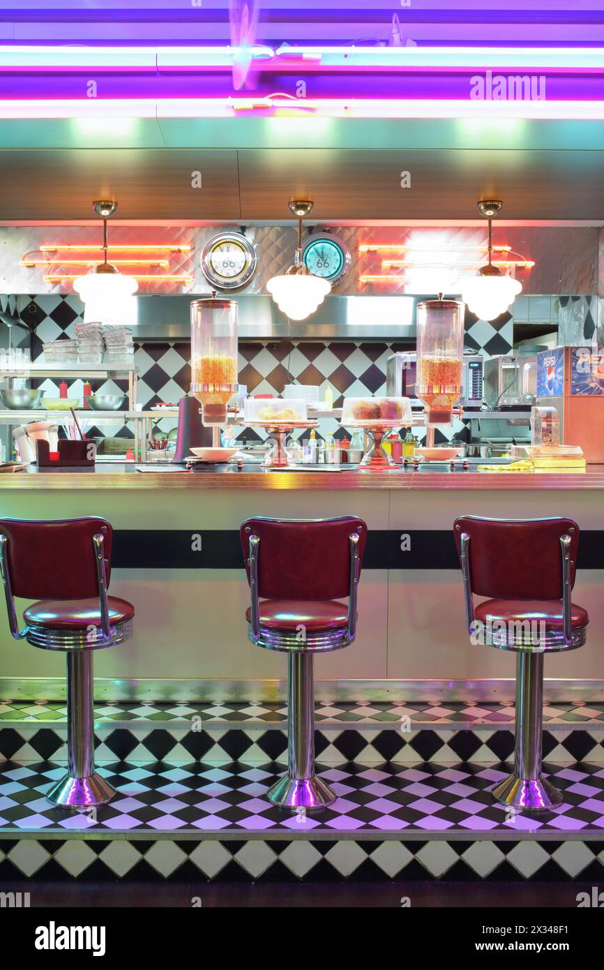 MOSCOW - JAN 21, 2015: Bar counter at the American restaurant Beverly Hills Diner Stock Photo