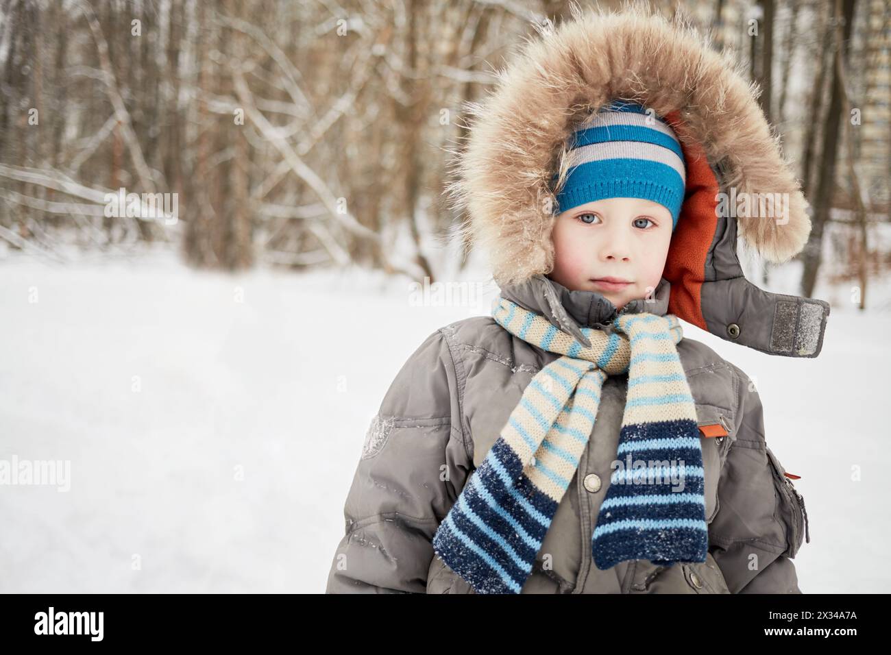 Half-length portrait of boy dressed in winter jacket with fur trimmed hood. Stock Photo