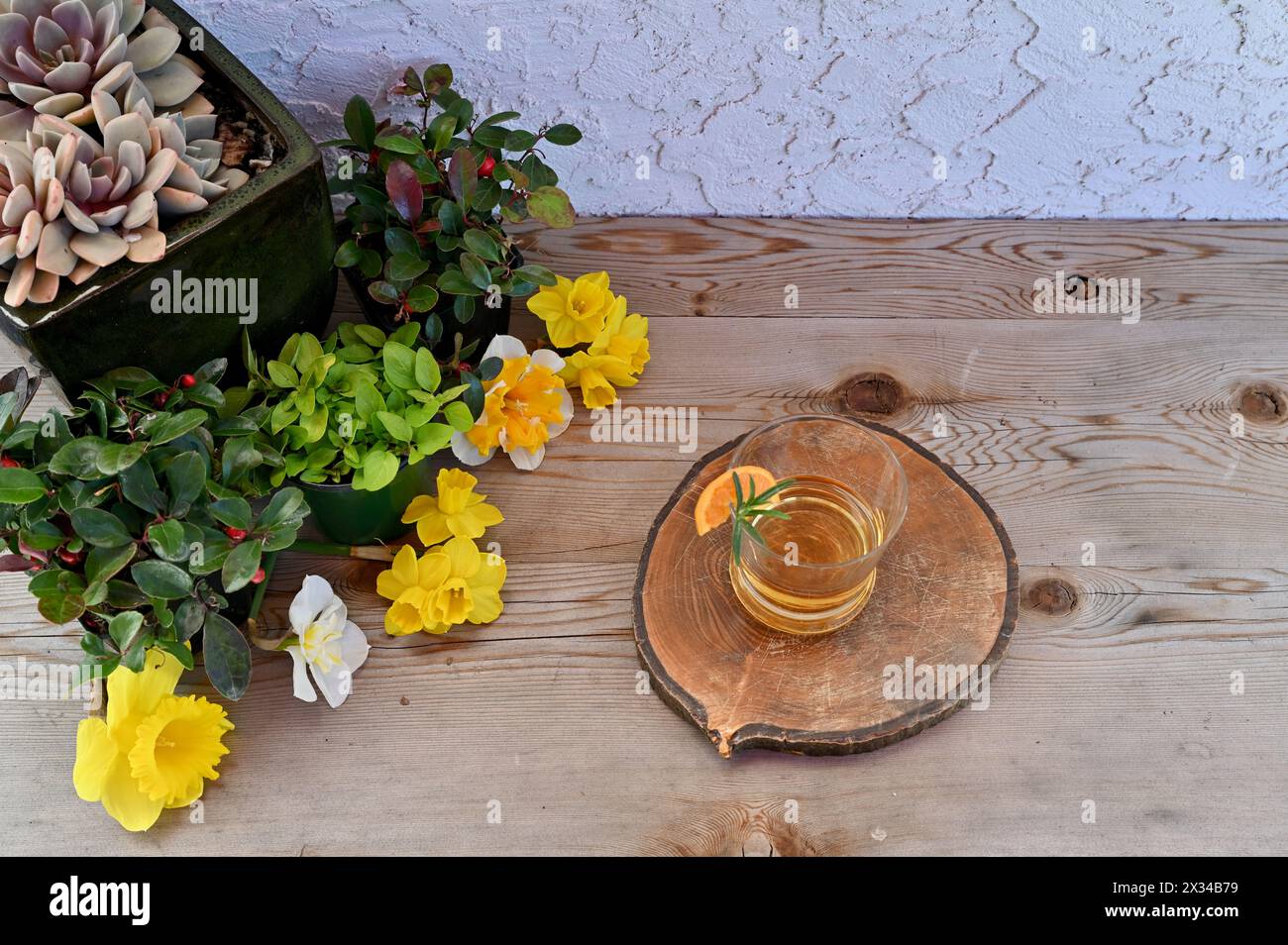 Outdoor patio bar with sipping bourbon, enjoying beverage and relaxing Stock Photo