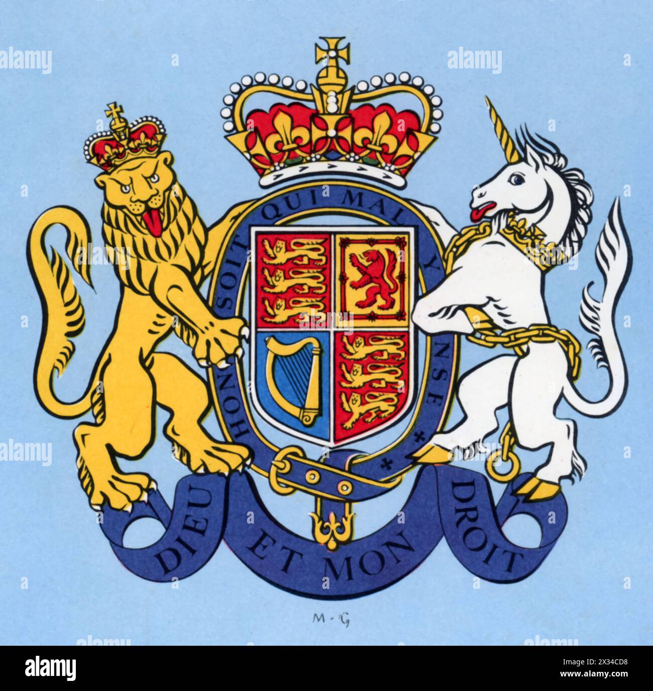 The Coat of Arms of the United Kingdom. The United Kingdom's coat of arms features a shield guarded by a lion, symbolizing England, and a unicorn, representing Scotland. The two mottos Dieu et mon droit' ('God and my right') and 'Honi soit qui mal y pense' ('Shame be to him who thinks evil of it'), which is the motto of the Order of the Garter. Stock Photo