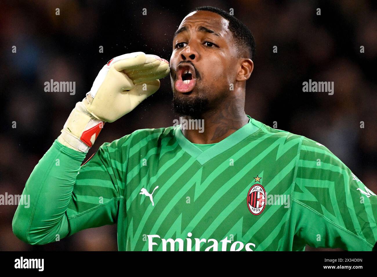 Mike Maignan of AC Milan gestures during the Europa League football ...