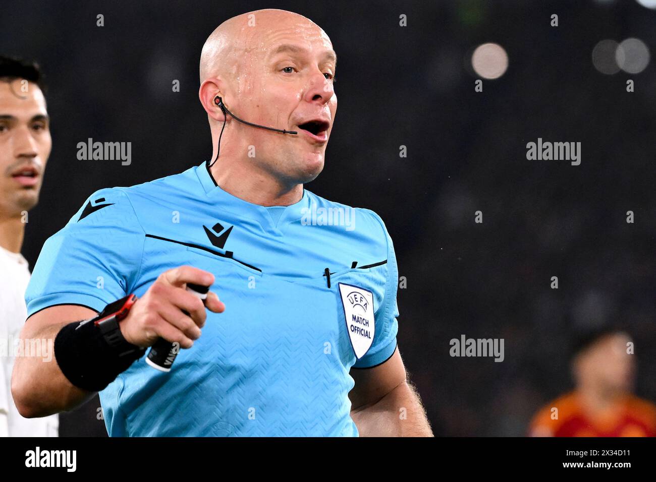 Referee Szymon Marciniak reacts during the Europa League football match between AS Roma and AC Milan at Olimpico stadium in Rome (Italy), April 18th, 2024. Stock Photo