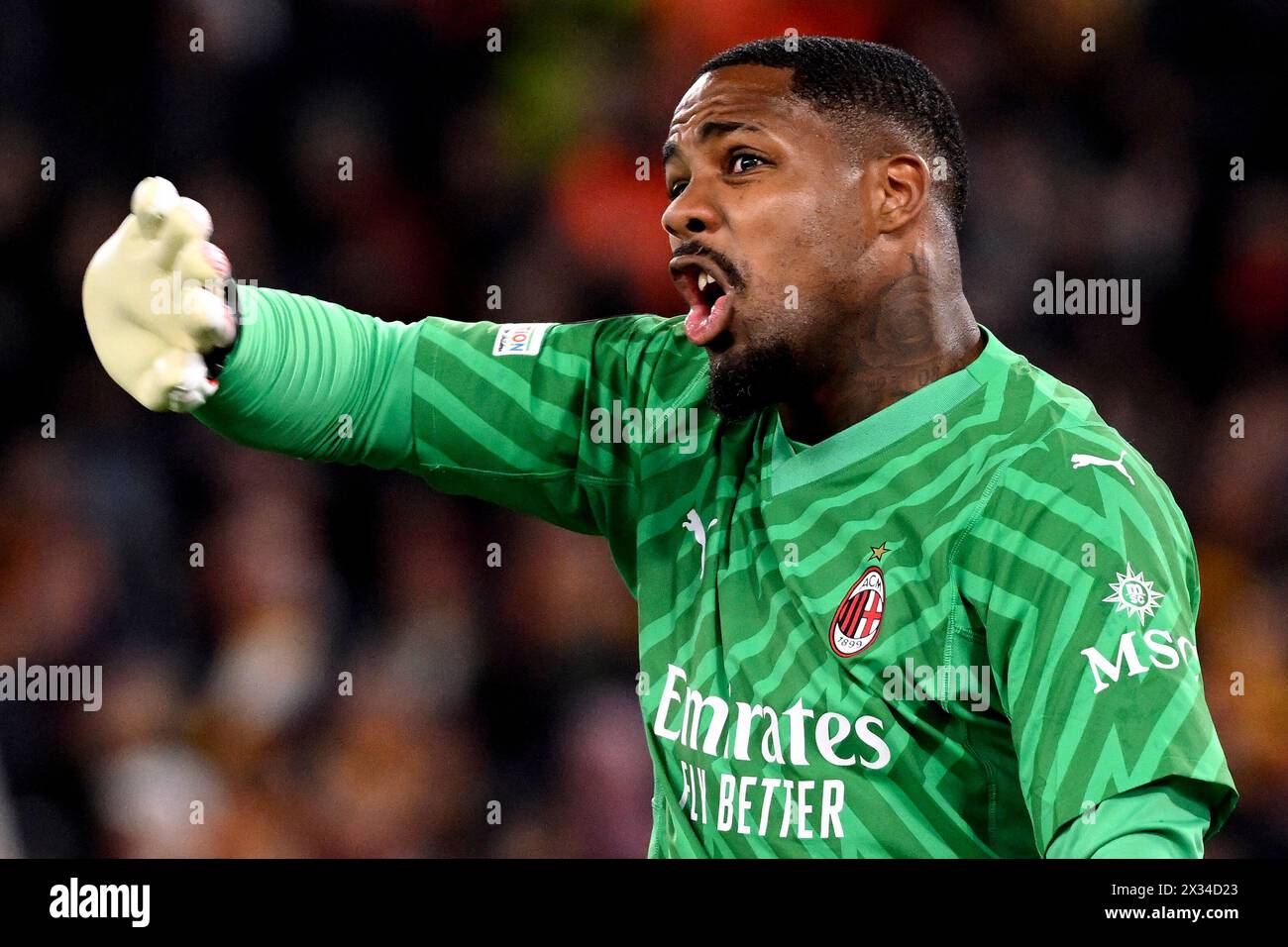 Mike Maignan of AC Milan gestures during the Europa League football ...
