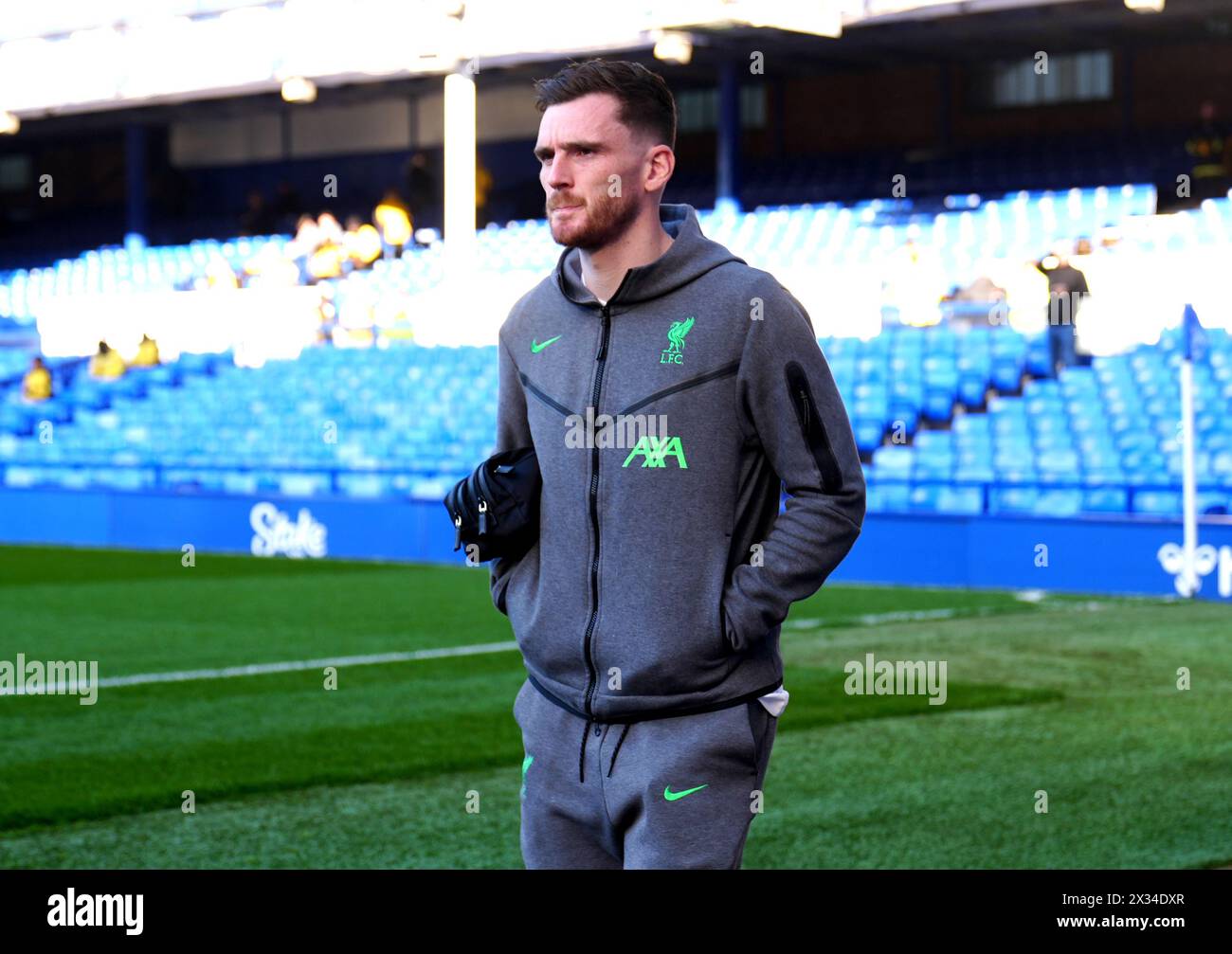 Liverpool's Andrew Robertson arrives ahead of the Premier League match at Goodison Park, Liverpool. Picture date: Wednesday April 24, 2024. Stock Photo