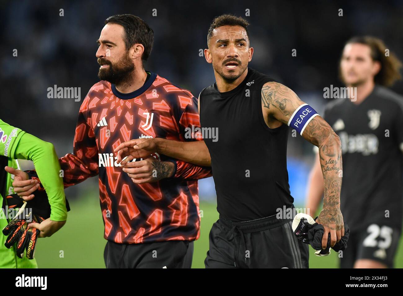 Juventus’ Danilo celebrates at the end of the Coppa Italia Football match between SS Lazio and Juventus  at Stadio Olimpico, on 23 April 2024 In Rome, Stock Photo