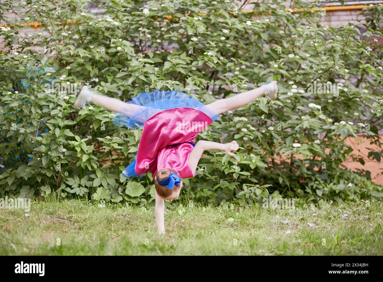 Little girl in dancing suit stands on one arm upside down at grassy lawn. Stock Photo